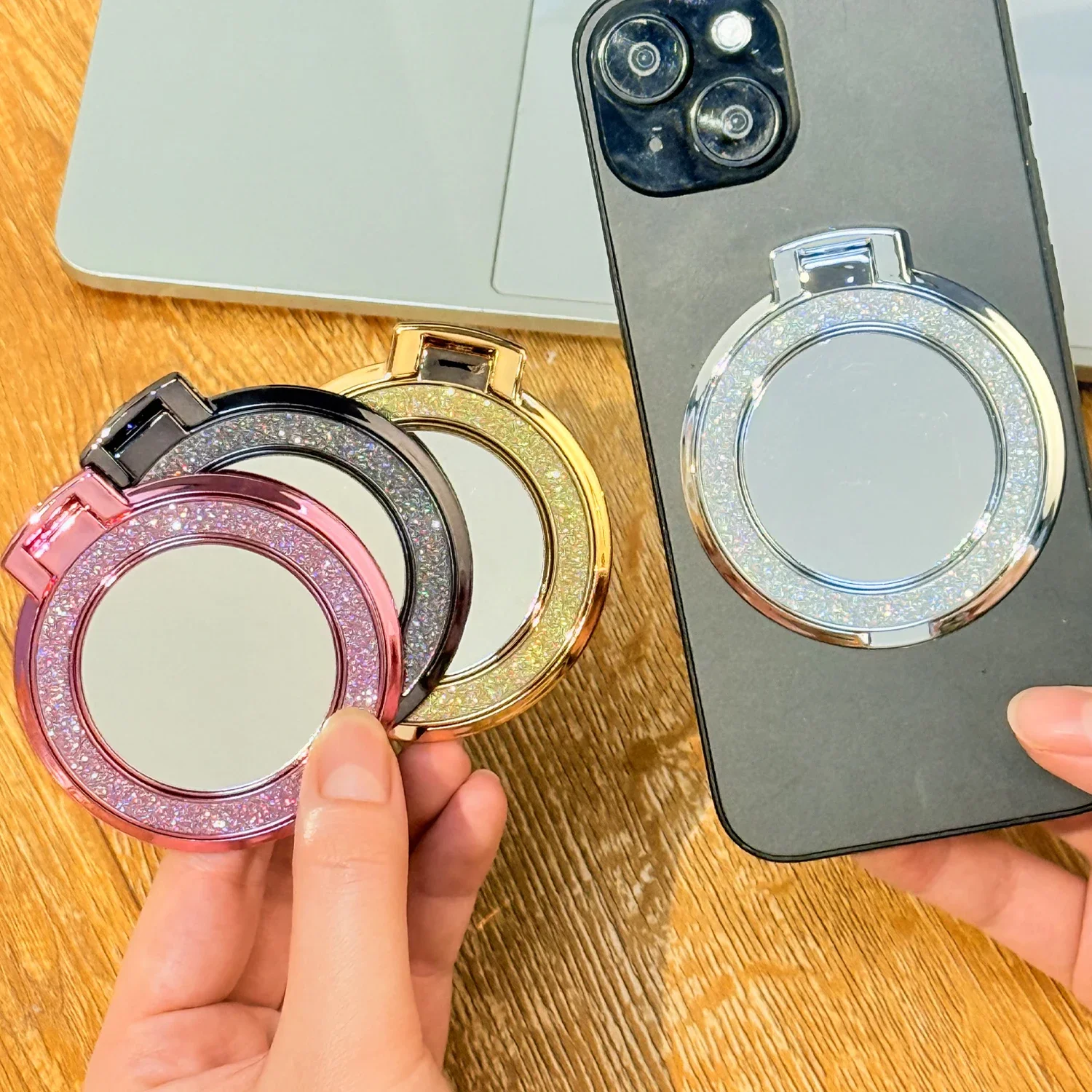 Phone Accessories Popsocket - ที่จับโทรศัพท์แบบวงแหวนเพชรเงางามพร้อมขาตั้งกระจกกลม ใช้ได้กับ iPhone, Samsung, Xiaomi และโทรศัพท์มือถืออื่นๆ
