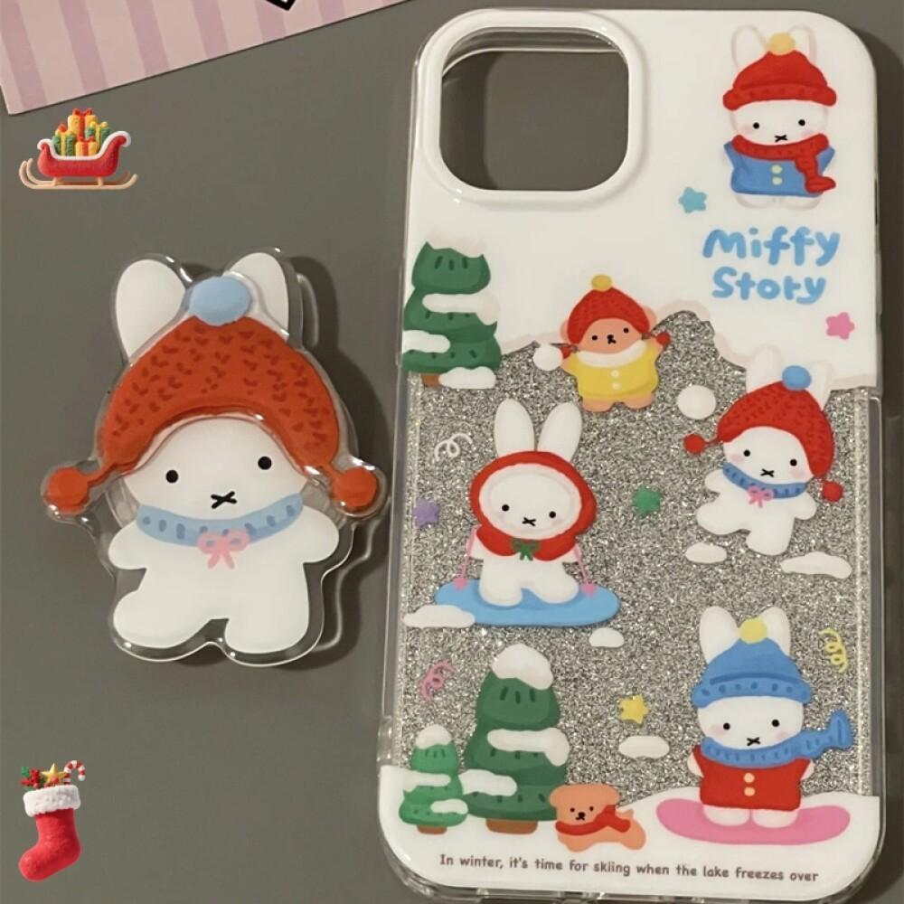 Phone Accessories Popsocket - เคสโทรศัพท์และขาตั้งลายมิฟฟี่ธีมฤดูหนาว - ลายกระต่ายหิมะน่ารักแบบ 3 มิติ พร้อมกลิตเตอร์